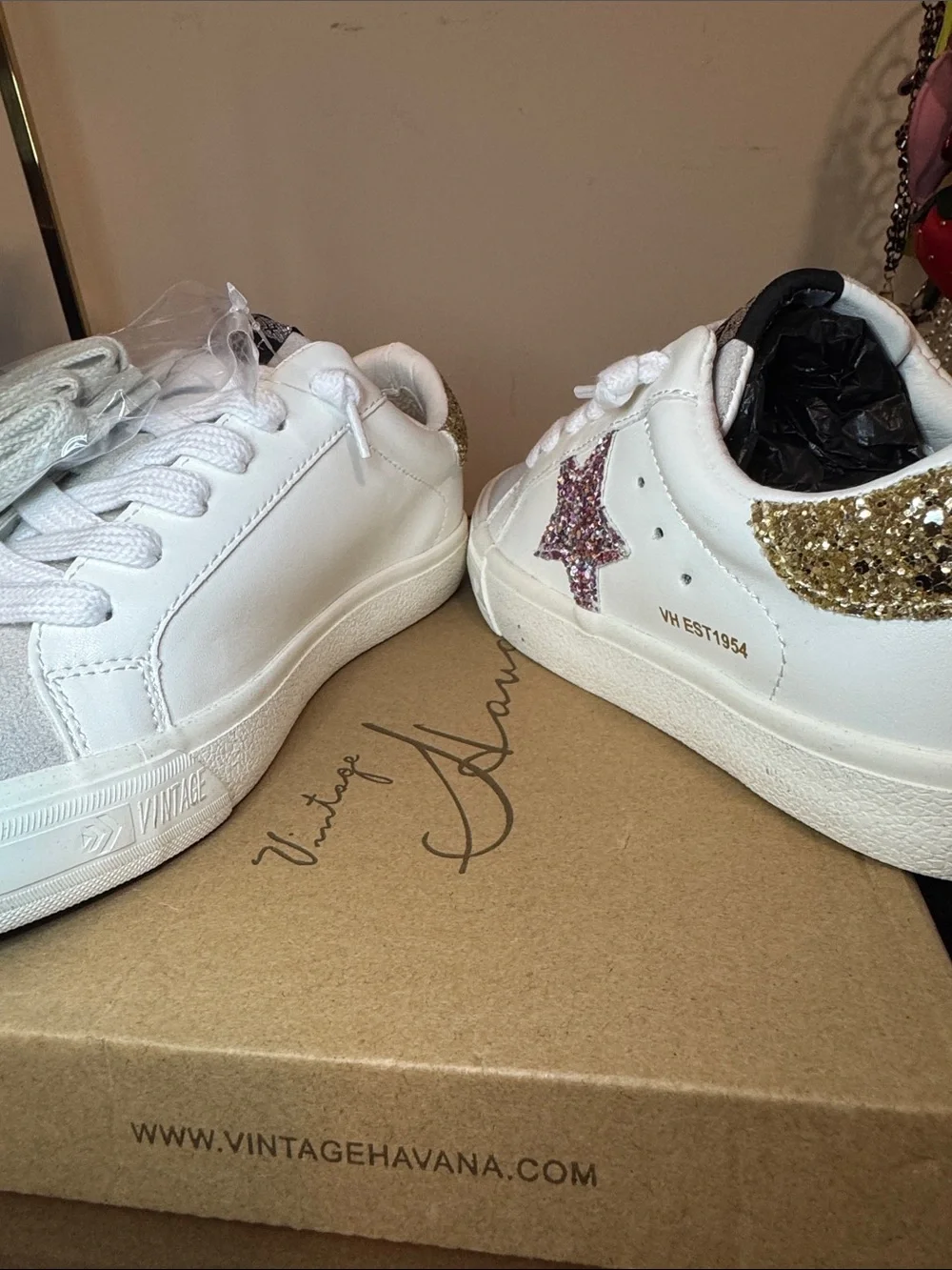 Vintage Havana White Sneakers with Gold Heel and Multicolor Glitter Star